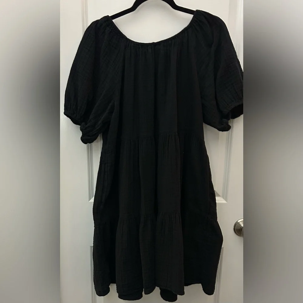 Preowned•Old Navy Black Puff Sleeve Gauze Tiered Peasant Dress•Size XL•2 Pocket - Picture 5 of 9